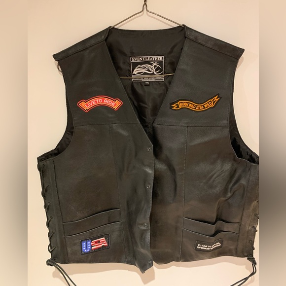 Vest Leather Biker Black Real Cow Motorcycle 9 Patches US Flag Eagle MC ELM3930 - Picture 5 of 5